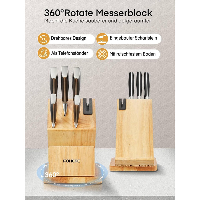 Набір кухонних ножів Messerblock 6 шт. з поворотним блоком 360°, сталь 5Cr15, з точилкою та підставкою для телефону