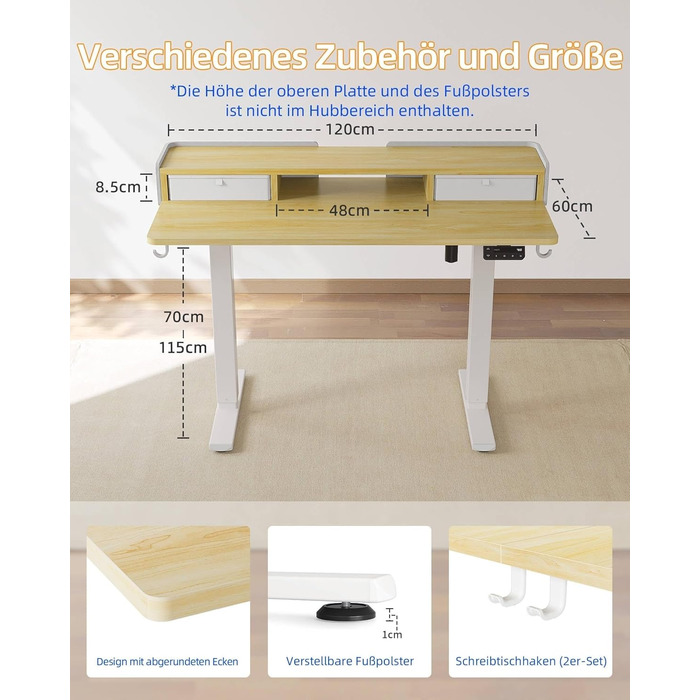 Електричний стіл YIHAYO з висувними ящиками та підставкою для монітора 120x60 см, регулювання висоти, пам'ять, Natural White, Natural поверхня