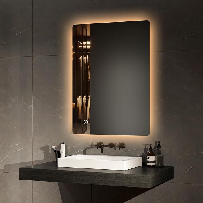 LED дзеркало для ванної кімнати EMKE 100x60 см з підсвічуванням та сенсорним вимикачем, 3 кольори світла, регулювання яскравості, автовимкнення через 3 години, настінне, 80x60 см