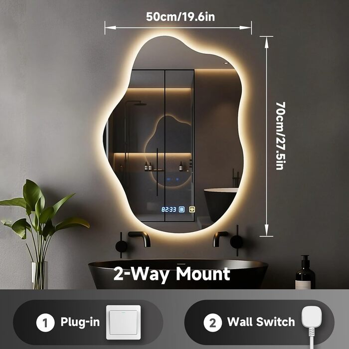 Дзеркало для ванної кімнати з підсвічуванням 50x70 см, з підігрівом, годинник, LED-підсвічування, сенсорна кнопка, функція пам'яті, 3 кольори світла, регулювання яскравості