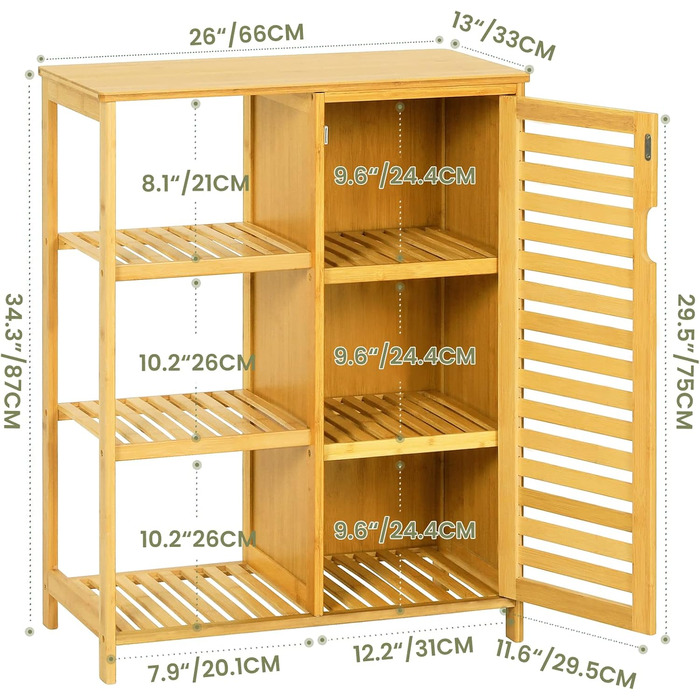 Тумба для ванної VIAGDO Бамбук з 3 полицями і дверцятами, 66x33x87 см, для ванної кімнати, кухні, вітальні