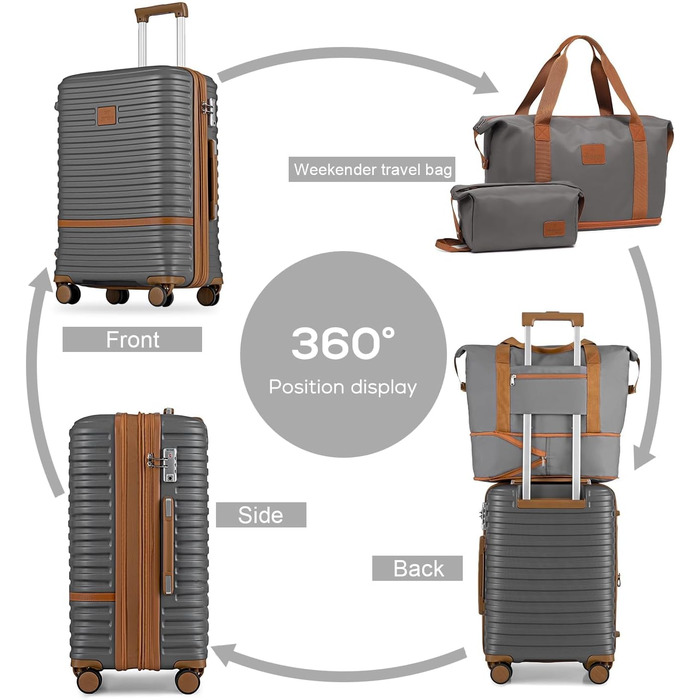 Набір валіз для подорожей Joyway 7 предметів, жорстка оболонка, з косметичкою, 4 колесами та TSA-замком, білий (Сірий/Коричневий)