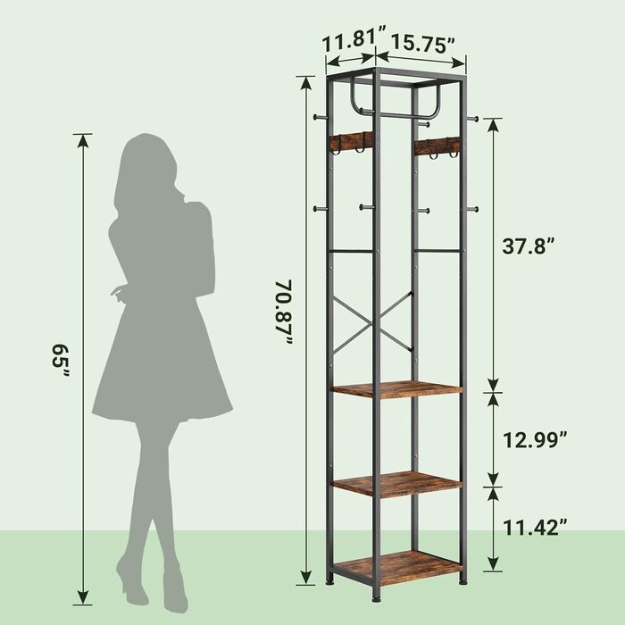 Вільна стійка для одягу ELYKEN з 3 полицями та 12 гачками, для передпокою, спальні, офісу, шафа-органайзер для шапок, пальто, шарфів, рустичний коричневий