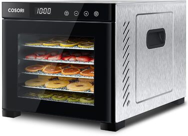 COSORI Дегідратор продуктів з 50 рецептами, 6 піддонів, 3 сітки, 3 килимки, площа 0,6 м², таймер 48 год, LED-дисплей (35°-75°C), 650W, сірий