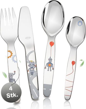 Набір дитячого посуду RÖSLE Kinderbesteck – 4 предмети з нержавіючої сталі 18/10, для дітей від 3 років, безпечний, можна мити в посудомийній машині, чудовий подарунок на хрещення, дизайн 'Маленький робот'