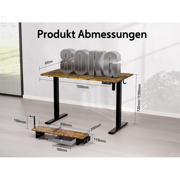 Електричний регульований стіл WALKINGDESK 100x60 см з ящиками, підставка для монітора та тримач для телефону. Для дому та офісу. Колір: рустикальний коричневий