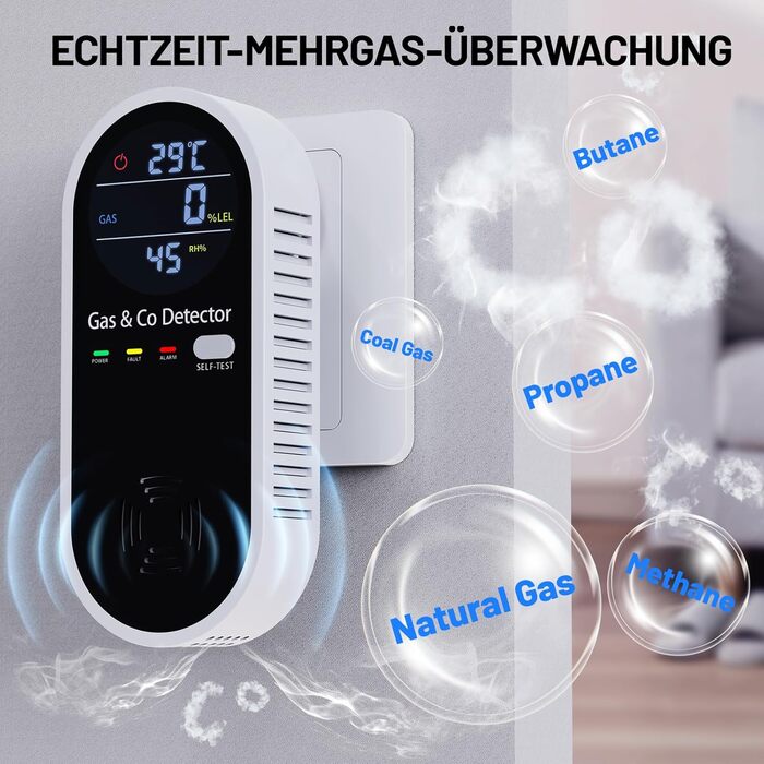 Датчик газу та CO з акустичним сигналом YOJOCK 4-в-1, вимірювач CO, датчик температури та вологості, газовий сповіщувач, самотестування, для дому та офісу, білий