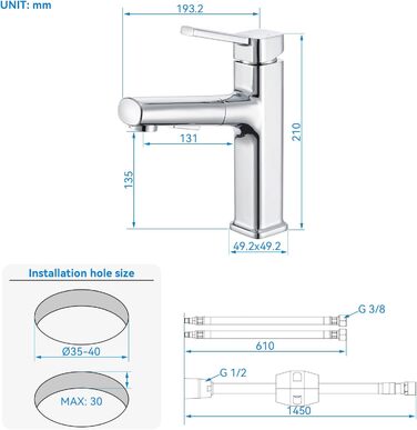 Змішувач для ванної кімнати з висувною лійкою, хром, однорідний, для холодної та гарячої води