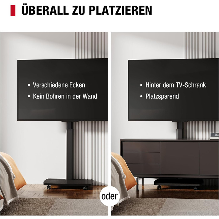 Підставка для телевізора на колесах з полицею, чорна, поворотна, регульована по висоті, VESA 400x400, для телевізорів 32-65 дюймів