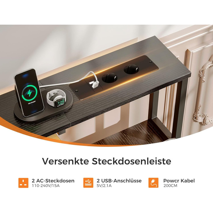 Ігровий стіл Coleshome з LED підсвічуванням, стіл для дому та офісу з ящиками з тканини, комп'ютерний стіл з 2 розетками та 2 USB-портами, стіл для геймінгу з підставкою для монітора, білий (140x48 см, чорний)