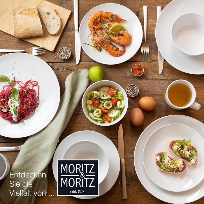 Набір посуду Moritz & Moritz BASIC 18 предметів на 6 осіб - сучасний, з високоякісного порцелянового посуду, класичний білий колір. Включає: 6 тарілок для вечері, 6 тарілок для десерту, 6 салатників (мисок).