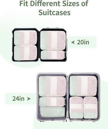 Набір органайзерів для валізи та рюкзака Narwey, 6 шт, компресійні органайзери для одягу та речей у подорож, світло-зелені смужки