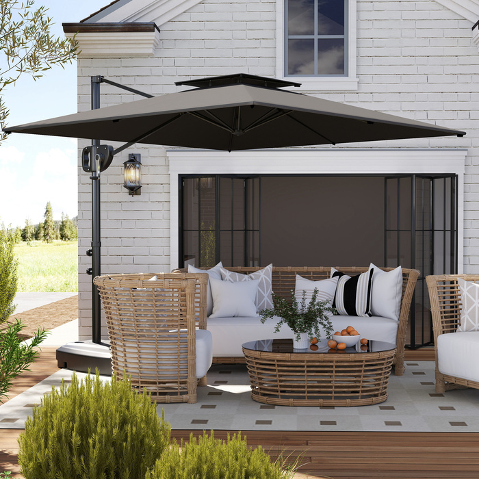 Відображуваний зонт для саду розміром 247 x 247 см з подвійним куполом, ручним механізмом, стійкою та водовідштовхувальним покриттям, темно-сірого кольору.