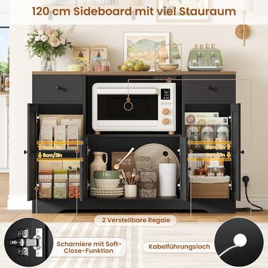 HOCSOK Комод-буфет 120 см для кухні, вітальні, їдальні. Шафа з розеткою, полицями та місцем для мікрохвильовки. 120×85×40 см, білий (чорний)