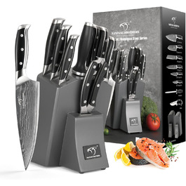 Набір кухонних ножів з японської сталі Дамаскус 9 предметів з дерев'яним блоком. Включає ніж кухарський, хлібний, сантоку, універсальний та для чищення. У подарунковій коробці сірого кольору.