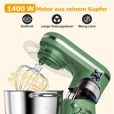 Кухонна машина AUMATE 1400W, 6.2 л, оливковий, з міксером та гаками для тіста