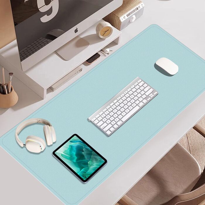 Шкіряний килимок для столу BLESWIN, великий протиковзаючий килимок для миші та ноутбука, підкладка для письма та декору робочого столу (140x43 см, блакитний)