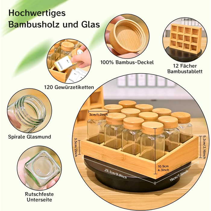 Стійка для спецій, що обертається на 360 Банки 20x100 мл 90 етикеток 12 банок з бамбуковими кришками