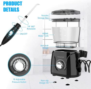 Електрична іригатор для порожнини рота з 10 рівнями тиску та 8 насадками, професійний водяний флосер, резервуар для води 600 мл, ідеально для сім'ї, білий (чорний)