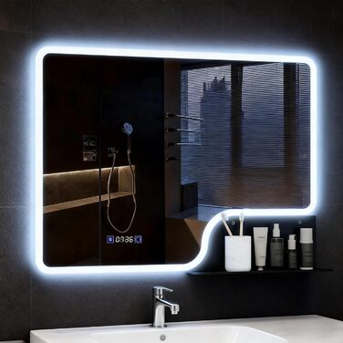 Дзеркало для ванної кімнати YOURLITE з LED-підсвічуванням 100x60 см, сенсорне керування, годинник, антизапар, 3 кольори світла, регулювання яскравості, без запотівання, функція пам'яті, білий