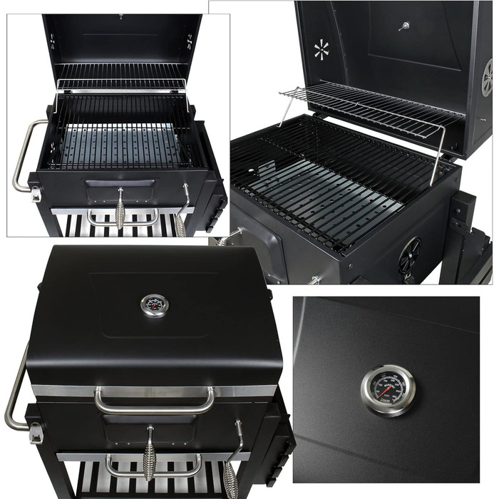 Гриль-возок на дровах BBQ з кришкою, полицею та регульованою дверцею для вугілля, термометром та регулюванням висоти