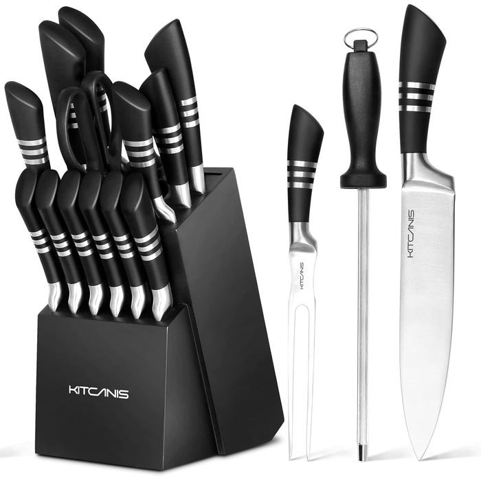 Набір кухонних ножів Kitkanis 17 предметів з бруском, професійний, з нержавіючої сталі, з кухонними ножицями та точильним бруском, з масивного дерева
