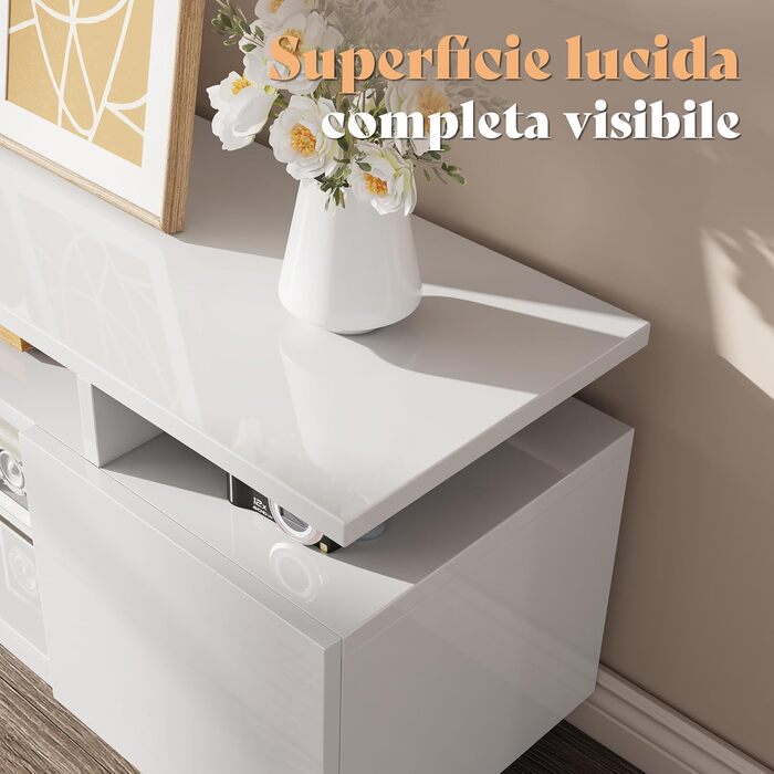 Тумба під TV Luxoak з LED підсвічуванням, білий глянцевий лак, 160x38.5x54.5 см. Підходить для телевізорів до 75 дюймів, з 2 дверцятами та регульованою скляною полицею. Для вітальні та спальні.