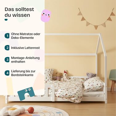 Ліжко дитяче Hesel Hausbett біле 90x200 см з бортиками та ламелями. Монтессорі ліжко-платформа для підлітків. Дерев'яне ліжко від en.casa