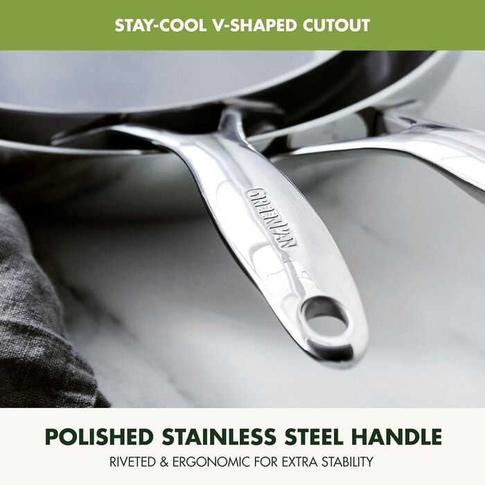 GreenPan Valencia Pro сковорода з нержавіючої сталі, 20.3 см, індукційна, дзеркальна, тришарова, з антипригарним покриттям з кераміки, без PFAS та PFOA, для кухні