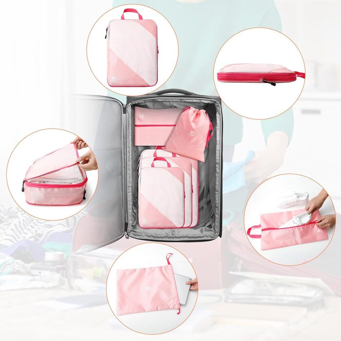 Набір компресійних органайзерів для подорожей AiQInu (5 шт.), ультралегкі сумки для пакування одягу в валізу з мішком для взуття та прання, рожеві