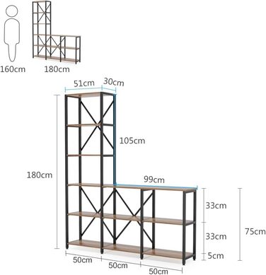 Ярусна книжкова шафа Tribesigns, 9 полиць, міжкімнатна перегородка, система організації вітальні/спальні, 30x150x180 см, 6-