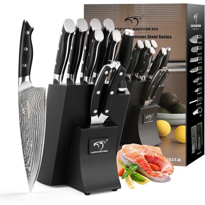 Набір кухонних ножів Дамаск з дерев'яним блоком, професійний набір кухаря, VG10, 67 шарів, преміум якість (9 предметів, чорний)