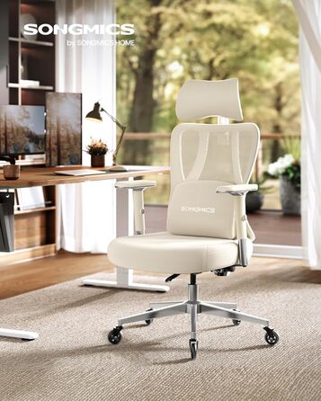 Офісний стіл SONGMICS: ергономічне крісло, ігровий стул, регульована поперекова підтримка, підголовник, підлокітники, для різного зросту, до 150 кг, OBN067BH01 (Верблюжий + Хмарний білий)