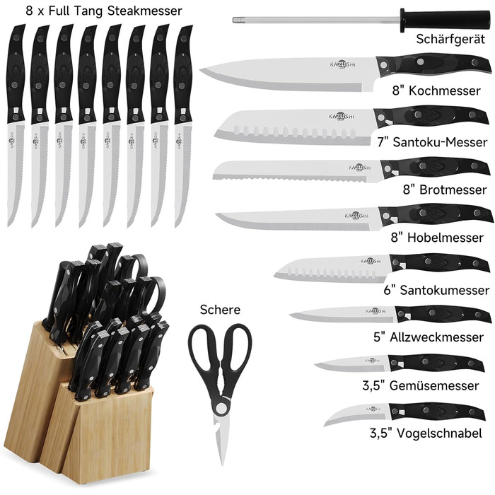 Набір ножів Messerblock: 19 предметів, нержавіюча сталь, з підставкою з дерева, для професійної кухні, з точильним каменем