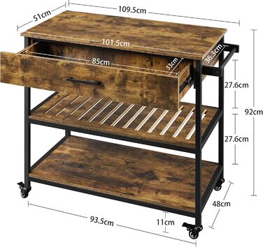Кухонний візок Yaheetech з ящиком, 2 полиці, 4 колеса, 109,5x592 см, вінтажний коричневий