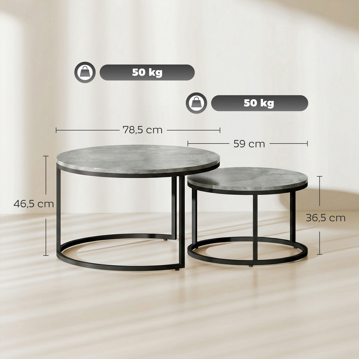 Сучасний комплект з двох журнальних столиків, столики-табуретки зі сталевим каркасом для вітальні, спальні, офісу, сірого кольору