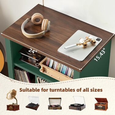 Стійка для програвача LELELINKY, полиця для платівок, місце для 200 платівок, дерев'яний стіл для програвача, полиця для платівок у вітальню, спальню, офіс (зелений)