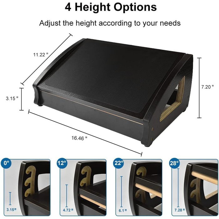 Підставка під ноги StrongTek для столу, дерево, для роботи, 3 положення висоти, ергономічна, антиковзаюча, покращує поставу та кровообіг, до 181 кг, чорна