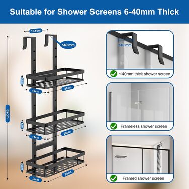 Підвісна полиця для душу Diwoker, 3 душові кошики, без свердління, чорний