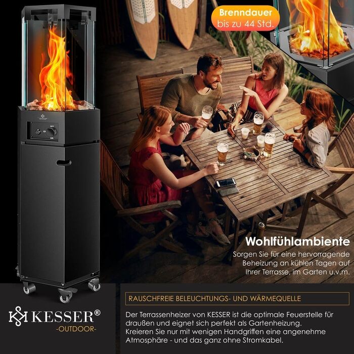 Газовий обігрівач KESSER® 4/8 кВт з п'єзозапалюванням, регулятором тиску газу та захисним кожухом. 360° поворот, захист від перекидання. Підходить для тераси, вулиці, кемпінгу. Чорний колір.