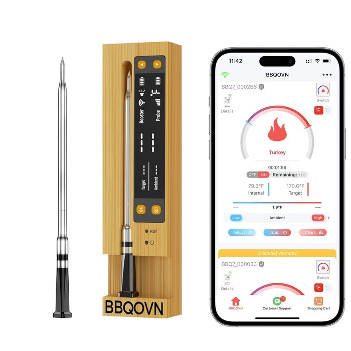 Термометр для м'яса WLAN Sub-1G з необмеженим радіусом дії, цифровою Smart-базою та 7 NIST-сертифікованими сенсорами – моніторинг температури навколишнього середовища для BBQ, гриля, духовки та Smoker (1, фіолетовий, маленький)