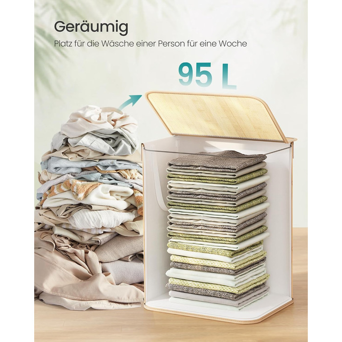 Кошик для білизни SONGMICS 95 л з кришкою, бамбук, з ручками, складний, знімний мішок, придатний для прання, для ванної кімнати, натуральний колір