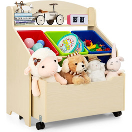 Полиця для іграшок COSTWAY з рухомим відділенням, 3 невеликі коробки для зберігання та полиця, шафа для іграшок, дитяча полиця, органайзер для іграшок, ідеально підходить для дитячої кімнати та дитячого садка (натуральний)