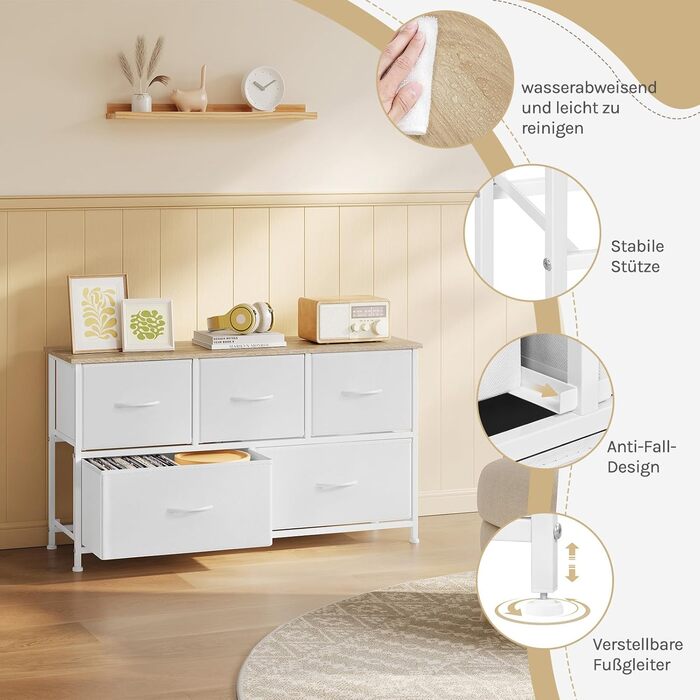 Комод WOLTU з 5 висувними ящиками з тканини, шафа-комод, тумба під TV, для вітальні, спальні, передпокою, з металевим каркасом та ДСП, білий, SSK005ws, білий, 5 тканинних ящиків