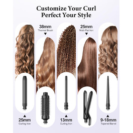 BESTOPE PRO Локкенстаб: Набір випрямляча та плойки 5-в-1 з термощіткою, 3 плойки (9-25 мм) для великих локонів, 13 температур, захисне покриття, рукавичка, затискач (базальтовий чорний)