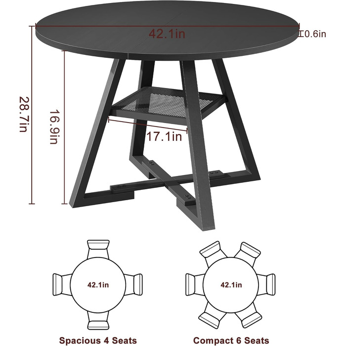Круглий обідній стіл для 2-4 осіб з поличкою, дерев'яний кухонний стіл в індустріальному стилі (107x107x76 см), чорний колір