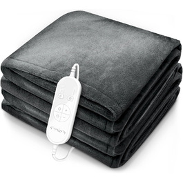 Електрична гріюча ковдра 200x180 см сірого кольору | з таймером та 9 рівнями нагріву | Плюшева ковдра, пральна до 40°C, цифровий дисплей