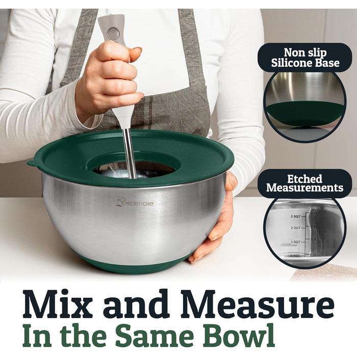 Набір міксерів PriorityChef з нержавіючої сталі з кришками, 3 тертки, герметичні кришки, силіконова основа, набір для кухні, великі миски для приготування їжі, зелений