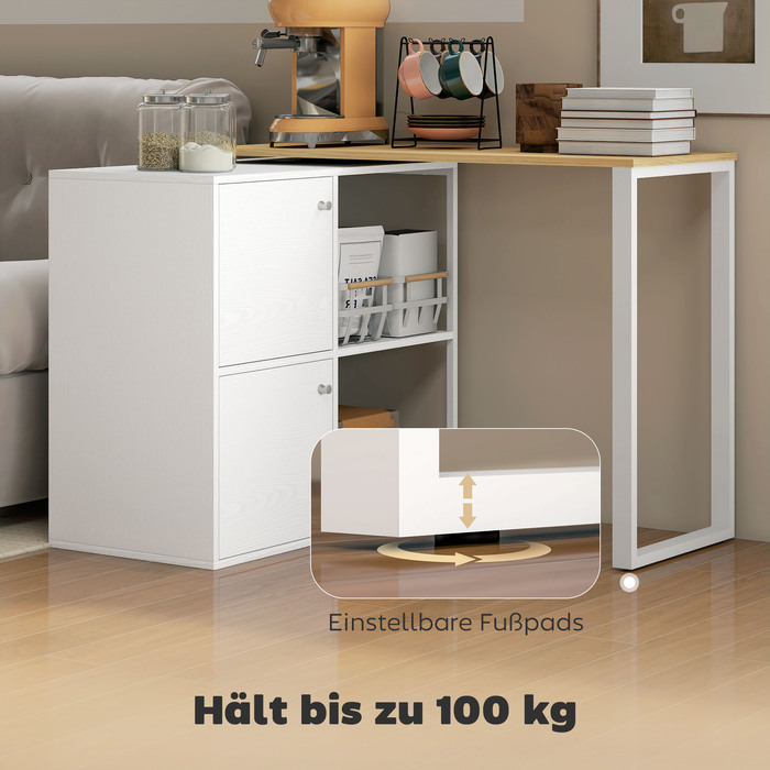 HOMCOM Кутовий стіл у формі літери L, 360° обертовий, з 2 шафками для зберігання, 2 відкритими полицями, комп'ютерний стіл для невеликих приміщень, кабінету, вітальні, 150x40x75 см, Білий