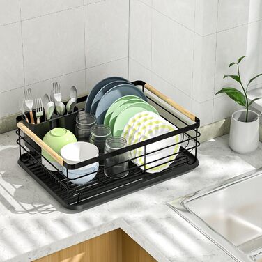 Сушарка для посуду Dreamhigh® з піддоном та контейнером для столових приборів, чорна, 43x30.5x14 см, для 3-5 осіб